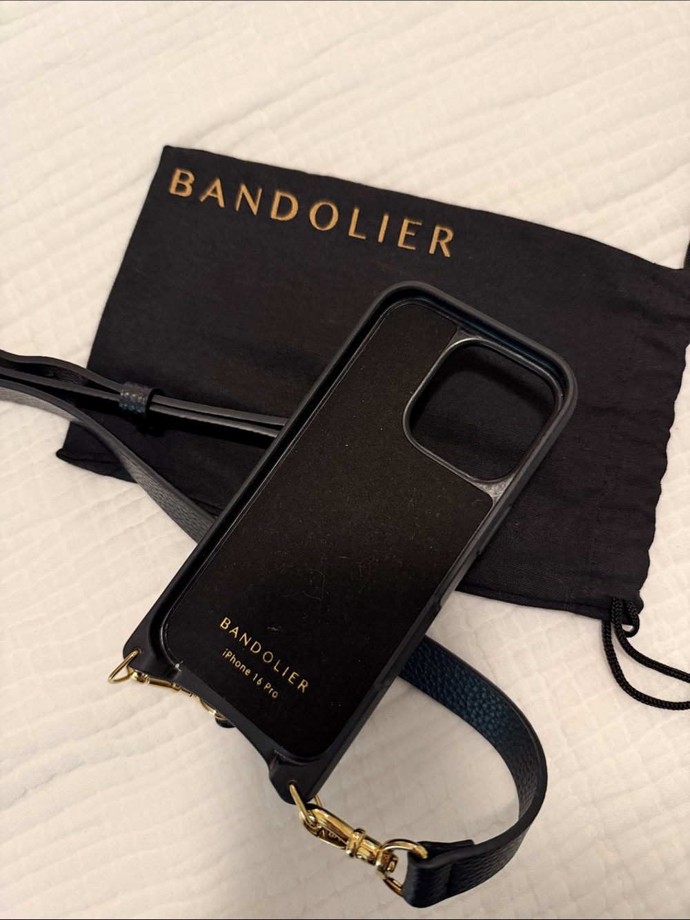 Bandolier Black Leather Crossbody iPhone Case with Gold Hardware